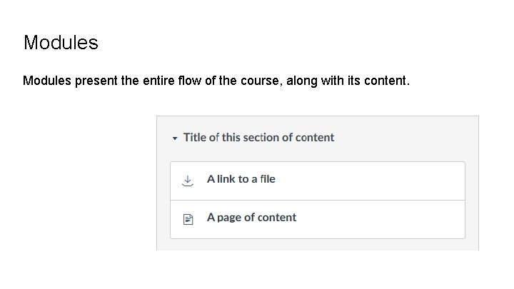 Modules present the entire flow of the course, along with its content. 
