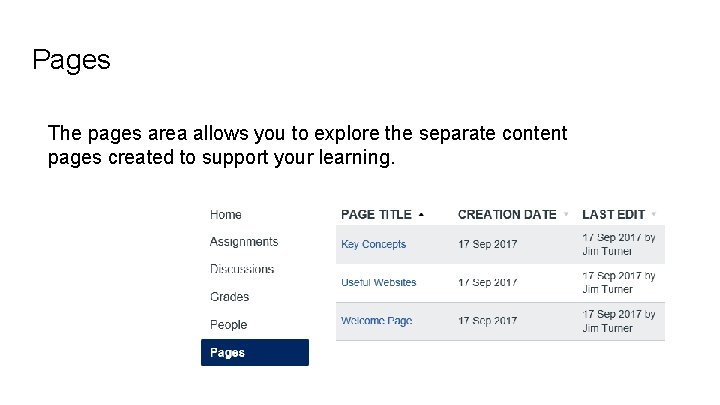 Pages The pages area allows you to explore the separate content pages created to