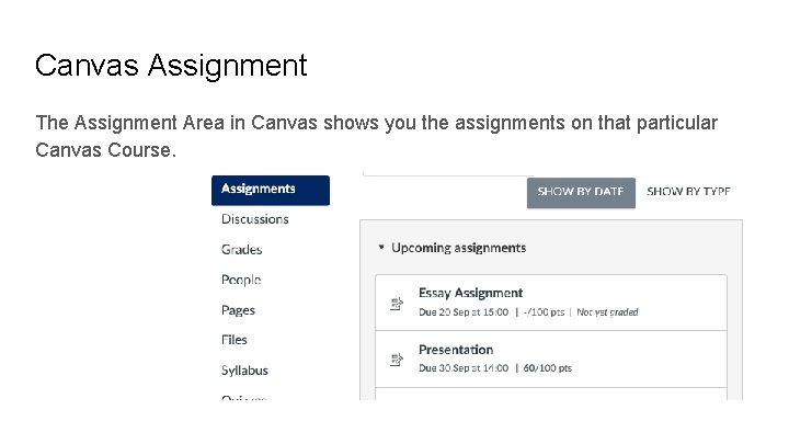 Canvas Assignment The Assignment Area in Canvas shows you the assignments on that particular