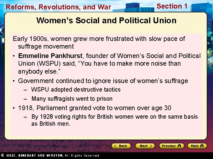 Reforms, Revolutions, and War Section 1 Women’s Social and Political Union Early 1900 s,
