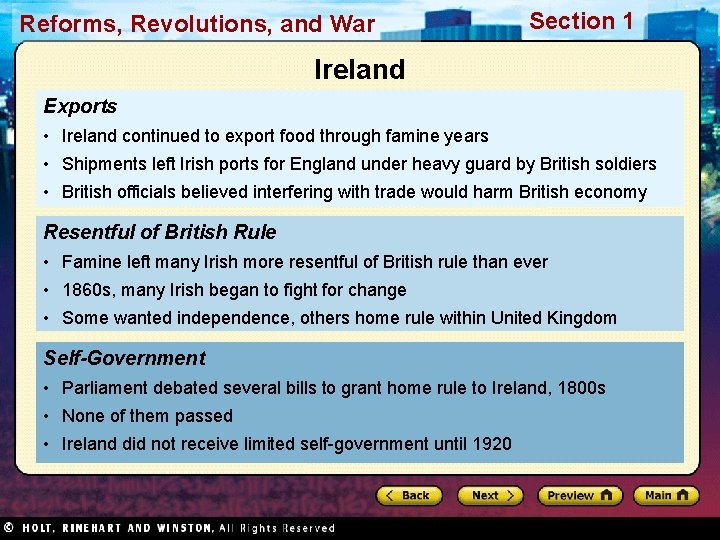 Reforms, Revolutions, and War Section 1 Ireland Exports • Ireland continued to export food