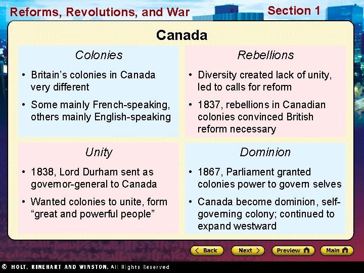 Reforms, Revolutions, and War Section 1 Canada Colonies Rebellions • Britain’s colonies in Canada