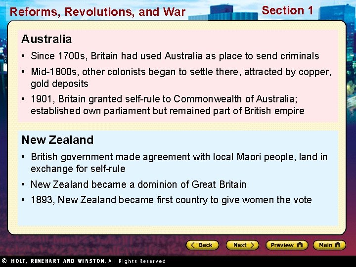Reforms, Revolutions, and War Section 1 Australia • Since 1700 s, Britain had used