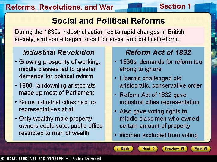 Reforms, Revolutions, and War Section 1 Social and Political Reforms During the 1830 s