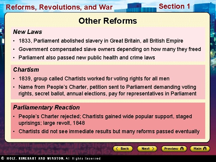 Reforms, Revolutions, and War Section 1 Other Reforms New Laws • 1833, Parliament abolished