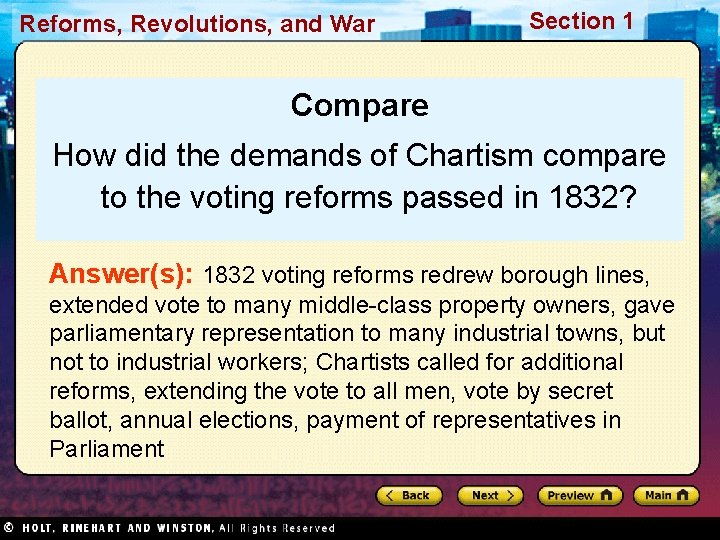 Reforms, Revolutions, and War Section 1 Compare How did the demands of Chartism compare