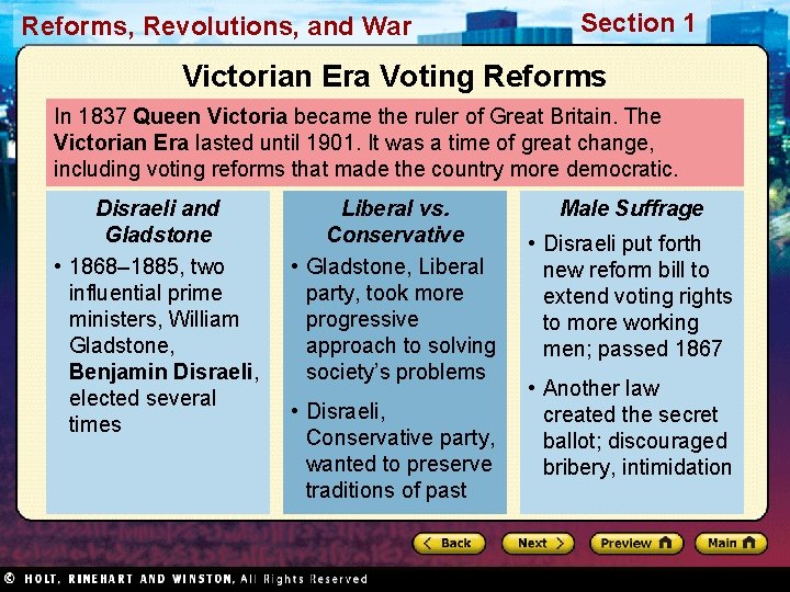 Reforms, Revolutions, and War Section 1 Victorian Era Voting Reforms In 1837 Queen Victoria