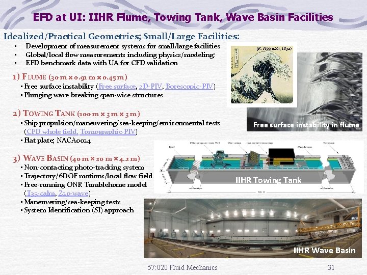 EFD at UI: IIHR Flume, Towing Tank, Wave Basin Facilities Idealized/Practical Geometries; Small/Large Facilities: