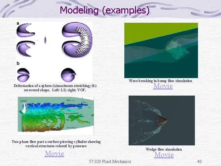Modeling (examples) Wave breaking in bump flow simulation Deformation of a sphere. (a)maximum stretching;