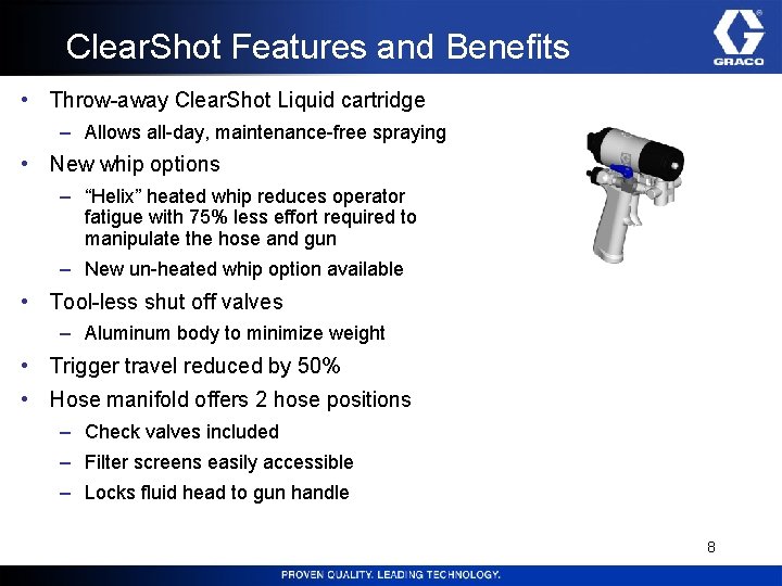 Clear. Shot Features and Benefits • Throw-away Clear. Shot Liquid cartridge – Allows all-day,