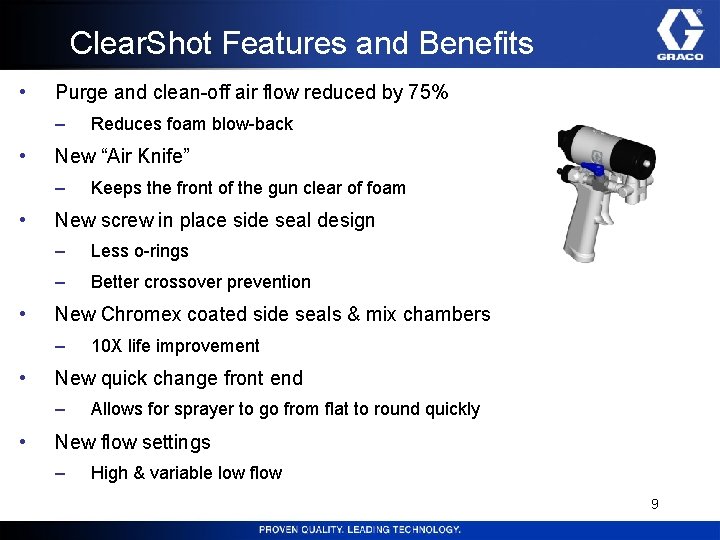 Clear. Shot Features and Benefits • Purge and clean-off air flow reduced by 75%