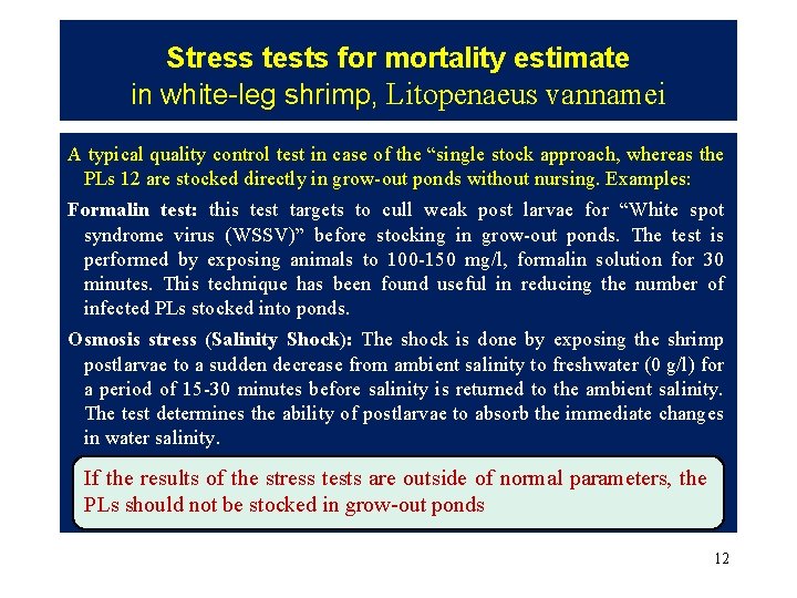 Stress tests for mortality estimate in white-leg shrimp, Litopenaeus vannamei A typical quality control