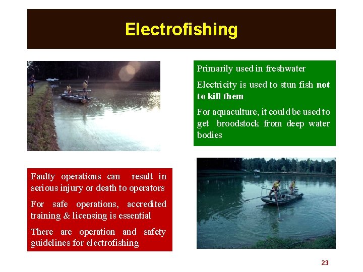 Electrofishing Primarily used in freshwater Electricity is used to stun fish not to kill
