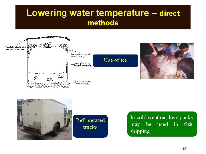 Lowering water temperature – direct methods Use of ice Refrigerated trucks In cold weather,