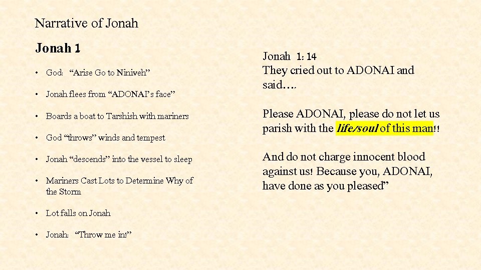 Narrative of Jonah 1 • God: “Arise Go to Niniveh” • Jonah flees from