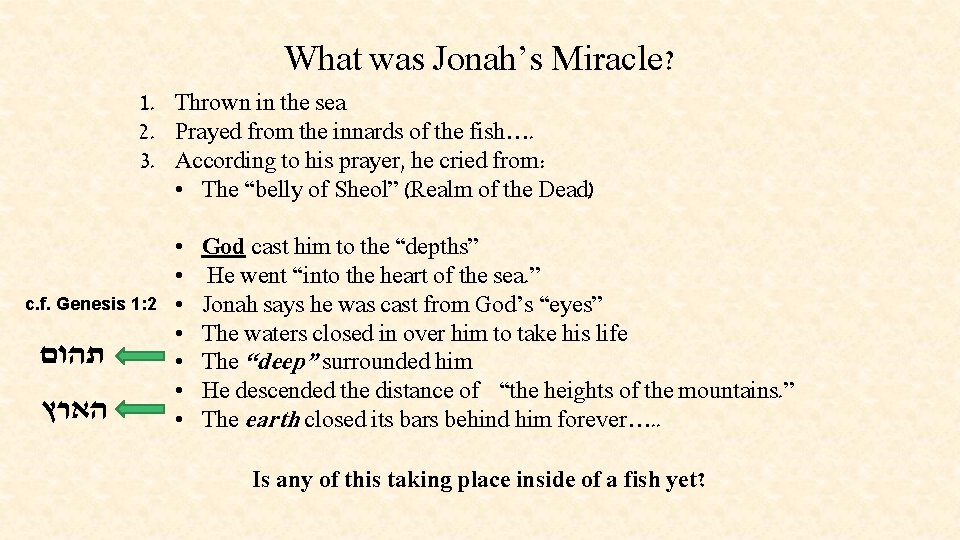 What was Jonah’s Miracle? 1. Thrown in the sea 2. Prayed from the innards