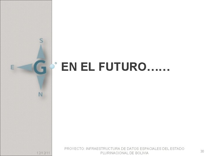 EN EL FUTURO…… 12/12/11 PROYECTO: INFRAESTRUCTURA DE DATOS ESPACIALES DEL ESTADO PLURINACIONAL DE BOLIVIA