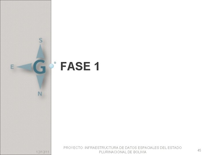 FASE 1 12/12/11 PROYECTO: INFRAESTRUCTURA DE DATOS ESPACIALES DEL ESTADO PLURINACIONAL DE BOLIVIA 45