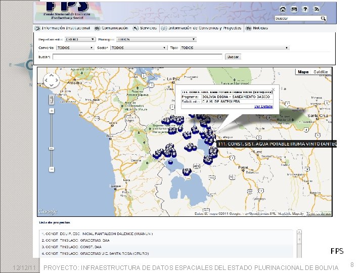 FPS 12/12/11 PROYECTO: INFRAESTRUCTURA DE DATOS ESPACIALES DEL ESTADO PLURINACIONAL DE BOLIVIA 8 