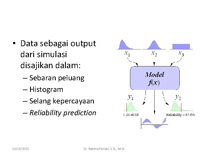  • Data sebagai output dari simulasi disajikan dalam: – Sebaran peluang – Histogram