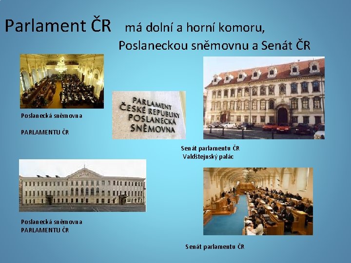 Parlament ČR má dolní a horní komoru, Poslaneckou sněmovnu a Senát ČR Poslanecká sněmovna