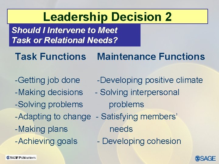 Leadership Decision 2 Should I Intervene to Meet Task or Relational Needs? Task Functions