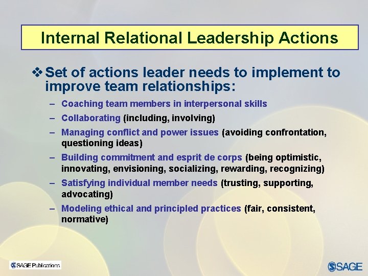 Internal Relational Leadership Actions v Set of actions leader needs to implement to improve