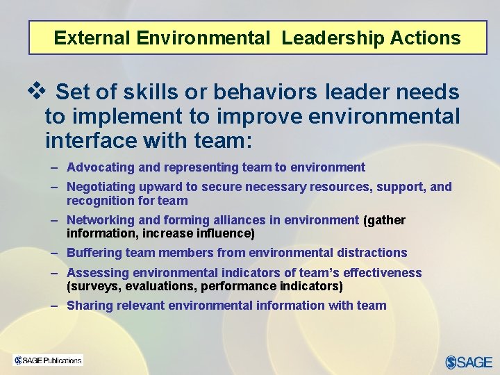 External Environmental Leadership Actions v Set of skills or behaviors leader needs to implement