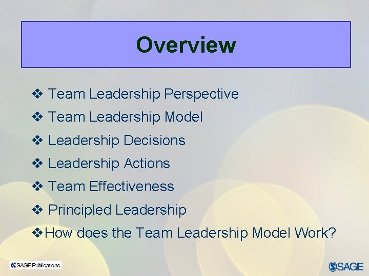 Overview v Team Leadership Perspective v Team Leadership Model v Leadership Decisions v Leadership