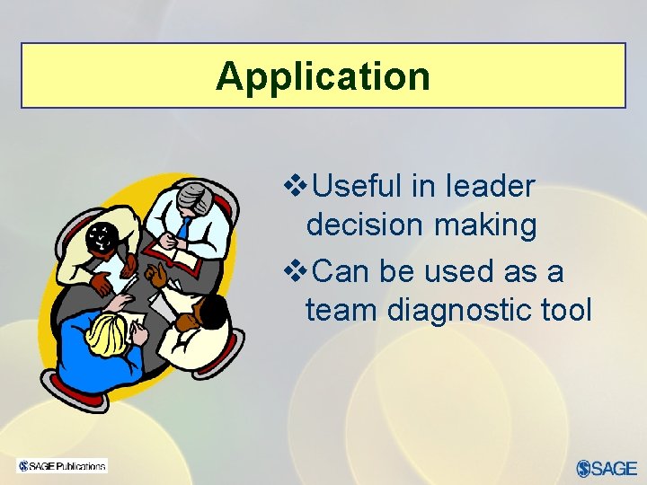 Application v. Useful in leader decision making v. Can be used as a team