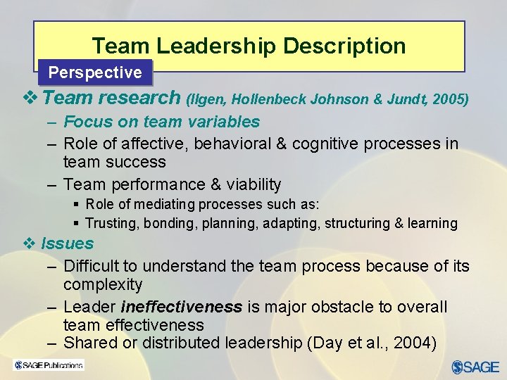 Team Leadership Description Perspective v Team research (Ilgen, Hollenbeck Johnson & Jundt, 2005) –
