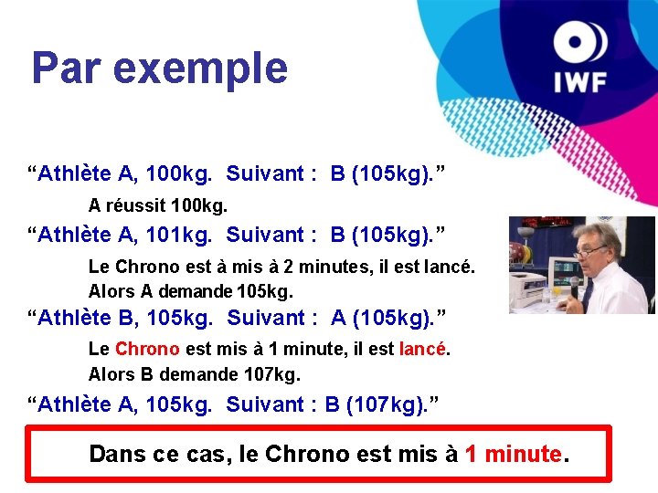 Par exemple “Athlète A, 100 kg. Suivant : B (105 kg). ” A réussit