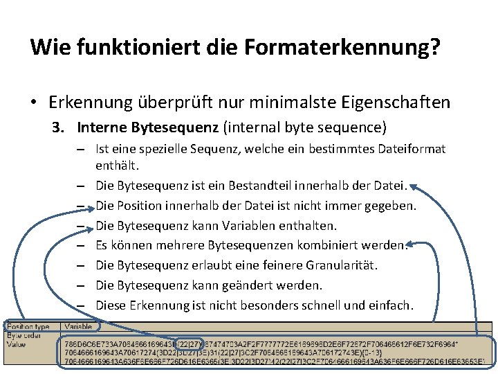 Wie funktioniert die Formaterkennung? • Erkennung überprüft nur minimalste Eigenschaften 3. Interne Bytesequenz (internal