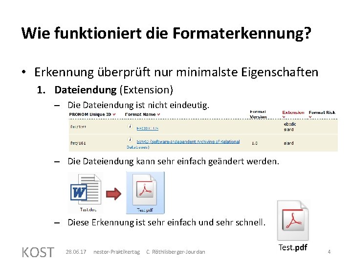 Wie funktioniert die Formaterkennung? • Erkennung überprüft nur minimalste Eigenschaften 1. Dateiendung (Extension) –