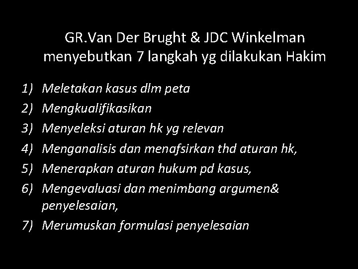 GR. Van Der Brught & JDC Winkelman menyebutkan 7 langkah yg dilakukan Hakim 1)