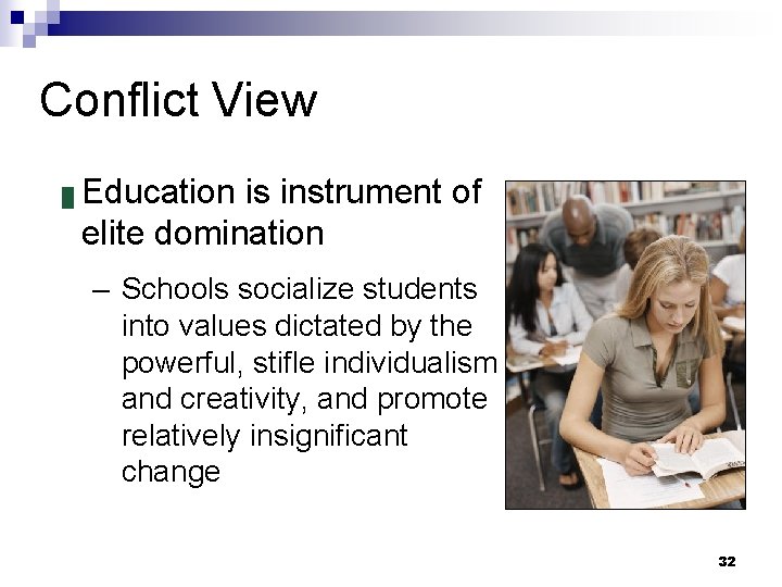 Conflict View █ Education is instrument of elite domination – Schools socialize students into