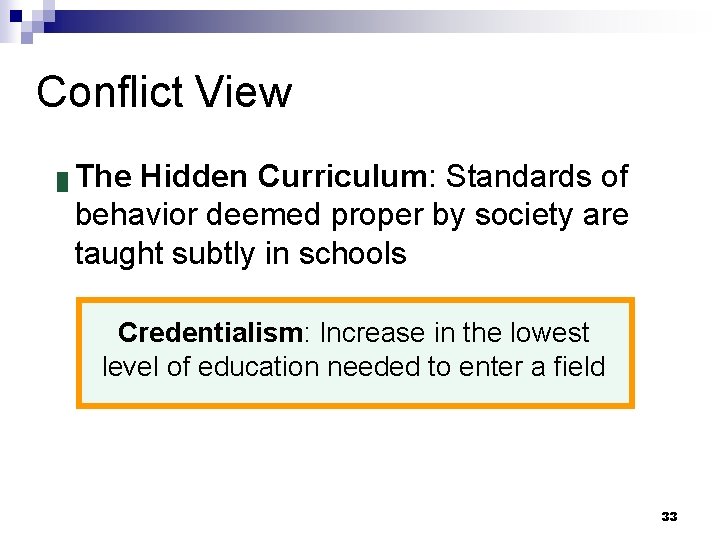 Conflict View █ The Hidden Curriculum: Standards of behavior deemed proper by society are