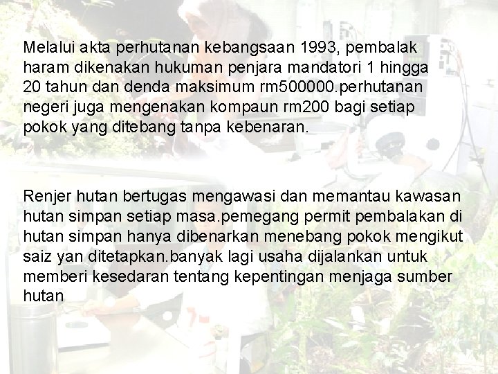 Melalui akta perhutanan kebangsaan 1993, pembalak haram dikenakan hukuman penjara mandatori 1 hingga 20