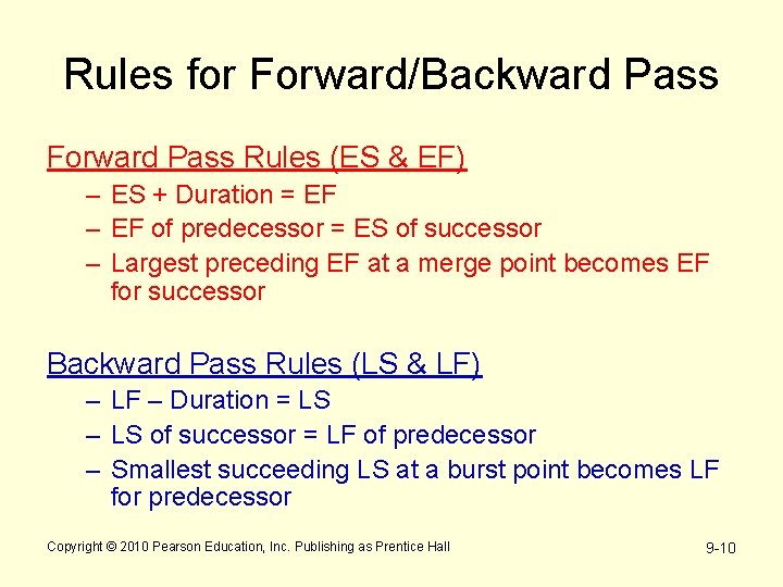 Rules for Forward/Backward Pass Forward Pass Rules (ES & EF) – ES + Duration