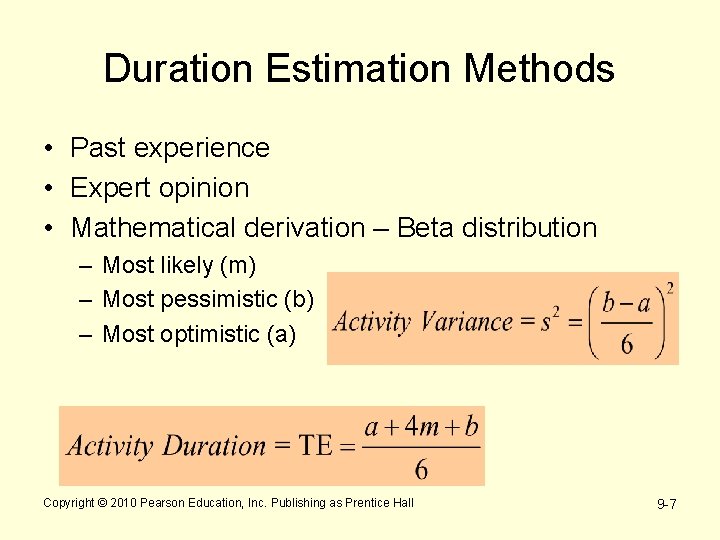 Duration Estimation Methods • Past experience • Expert opinion • Mathematical derivation – Beta