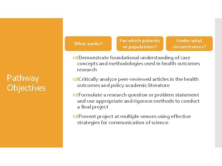 What works? Pathway Objectives For which patients or populations? Under what circumstances? Demonstrate foundational