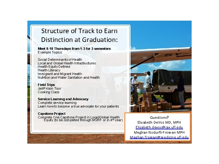 Structure of Track to Earn Distinction at Graduation: Meet 8 -10 Thursdays from 1