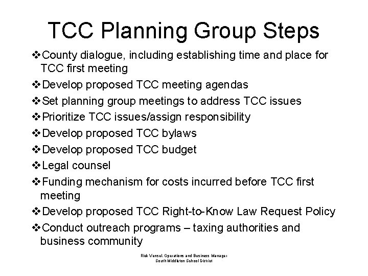 TCC Planning Group Steps v. County dialogue, including establishing time and place for TCC