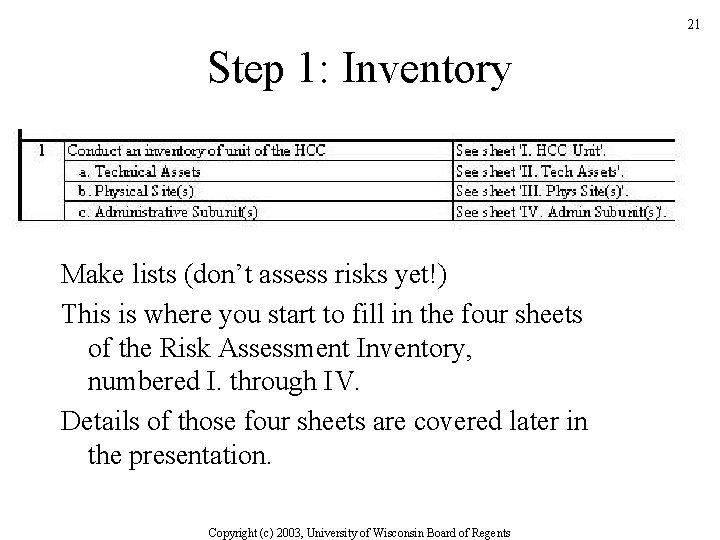 21 Step 1: Inventory Make lists (don’t assess risks yet!) This is where you
