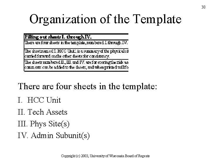30 Organization of the Template There are four sheets in the template: I. HCC