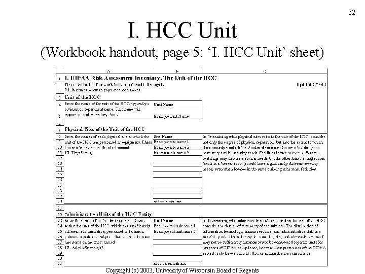 32 I. HCC Unit (Workbook handout, page 5: ‘I. HCC Unit’ sheet) Copyright (c)
