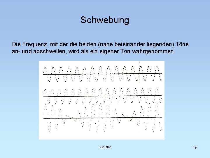 Schwebung Die Frequenz, mit der die beiden (nahe beieinander liegenden) Töne an- und abschwellen,