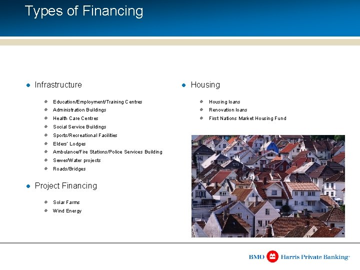 Types of Financing l l Infrastructure l Housing l Education/Employment/Training Centres l Housing loans