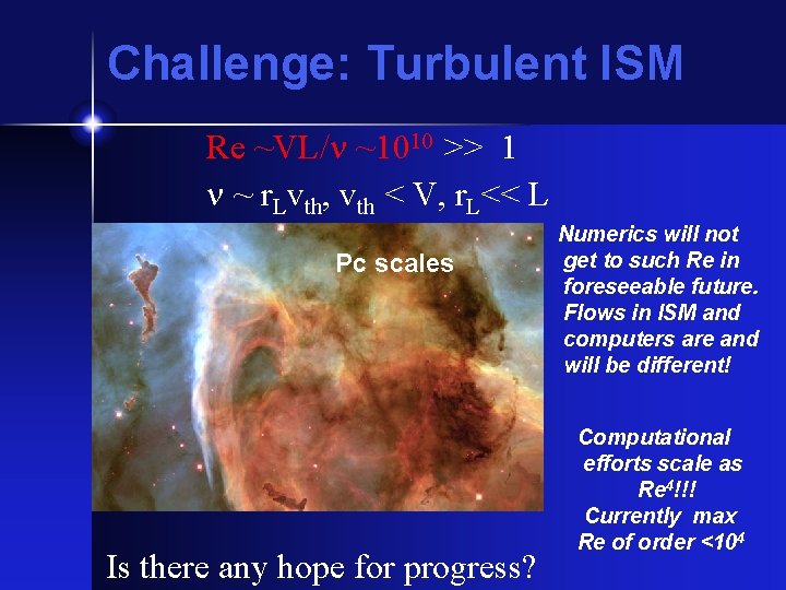 Challenge: Turbulent ISM Re ~VL/n ~1010 >> 1 n ~ r. Lvth, vth <
