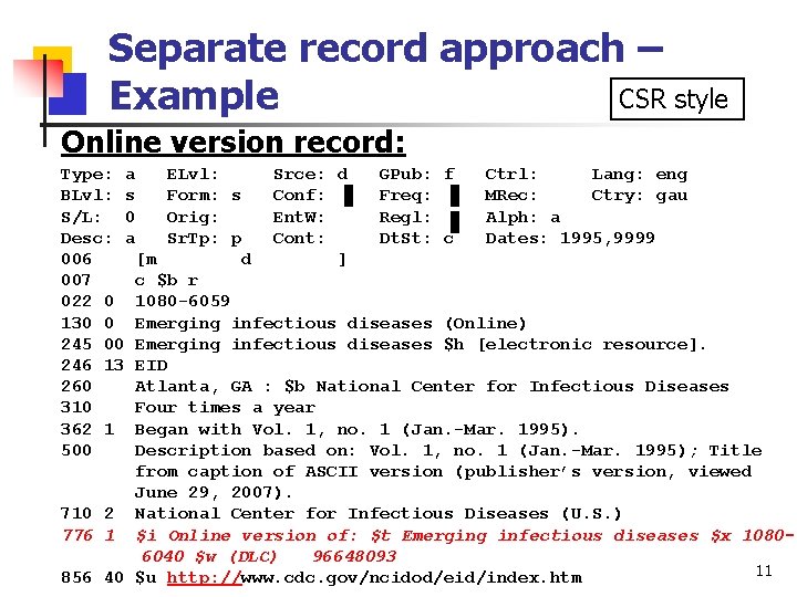 Separate record approach – CSR style Example Online version record: Type: a ELvl: Srce: